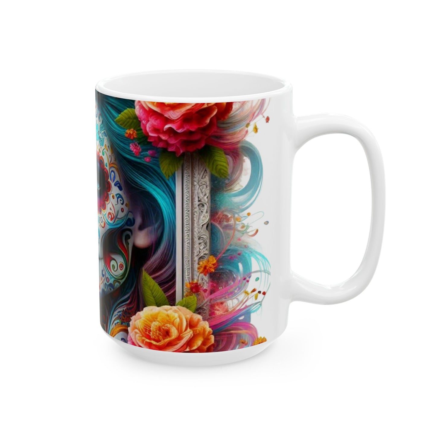 Mug - Teal Sugar Skull Lady Ceramic Mug (11oz, 15oz)