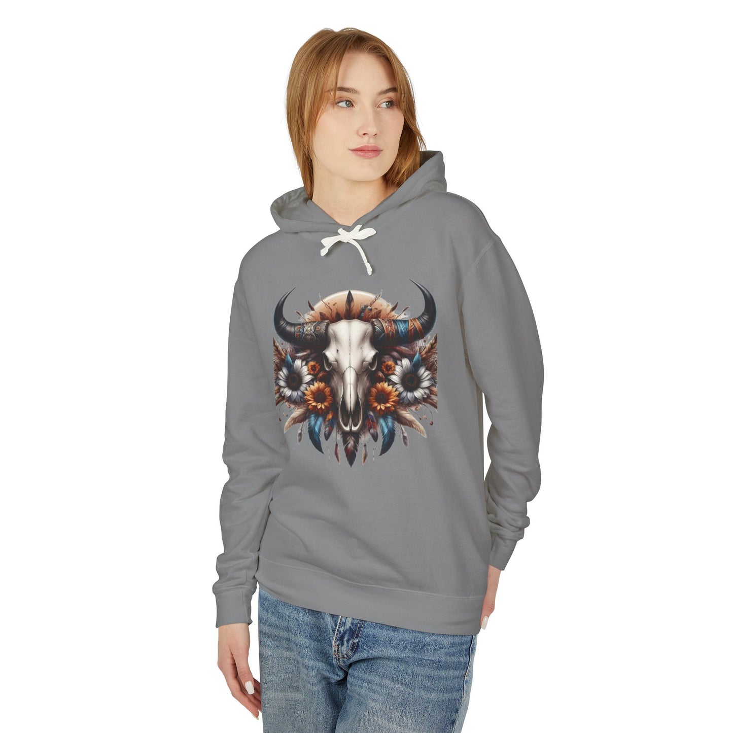 Unisex Lightweight Hooded Sweatshirt bull skull