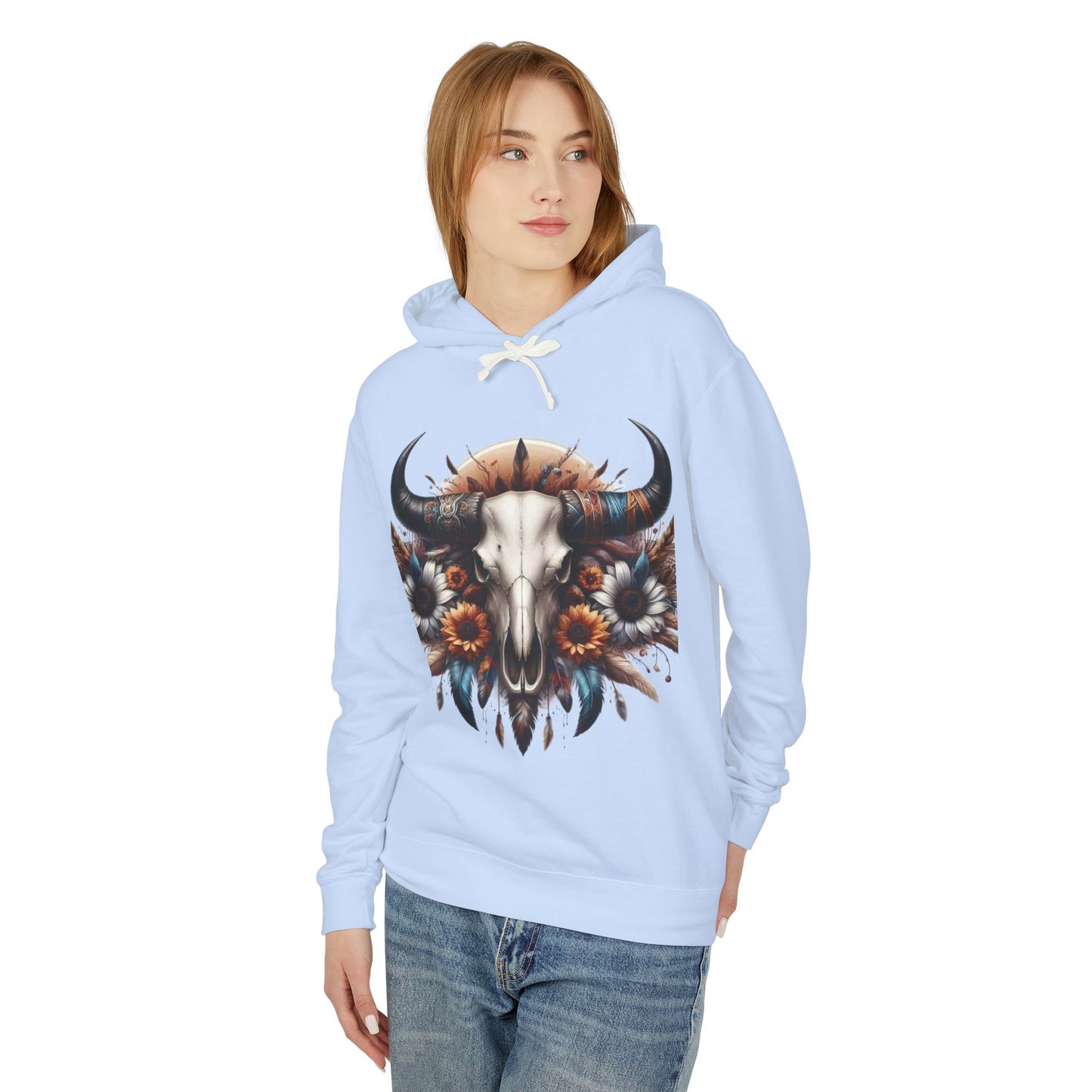 Unisex Lightweight Hooded Sweatshirt bull skull
