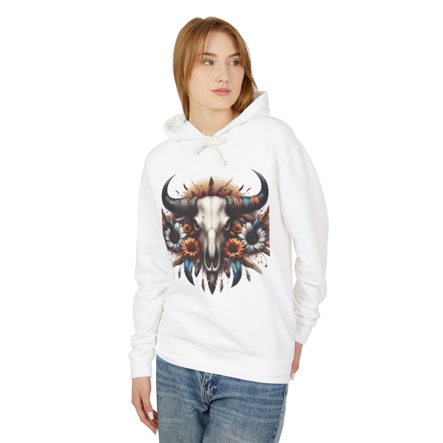 Unisex Lightweight Hooded Sweatshirt bull skull