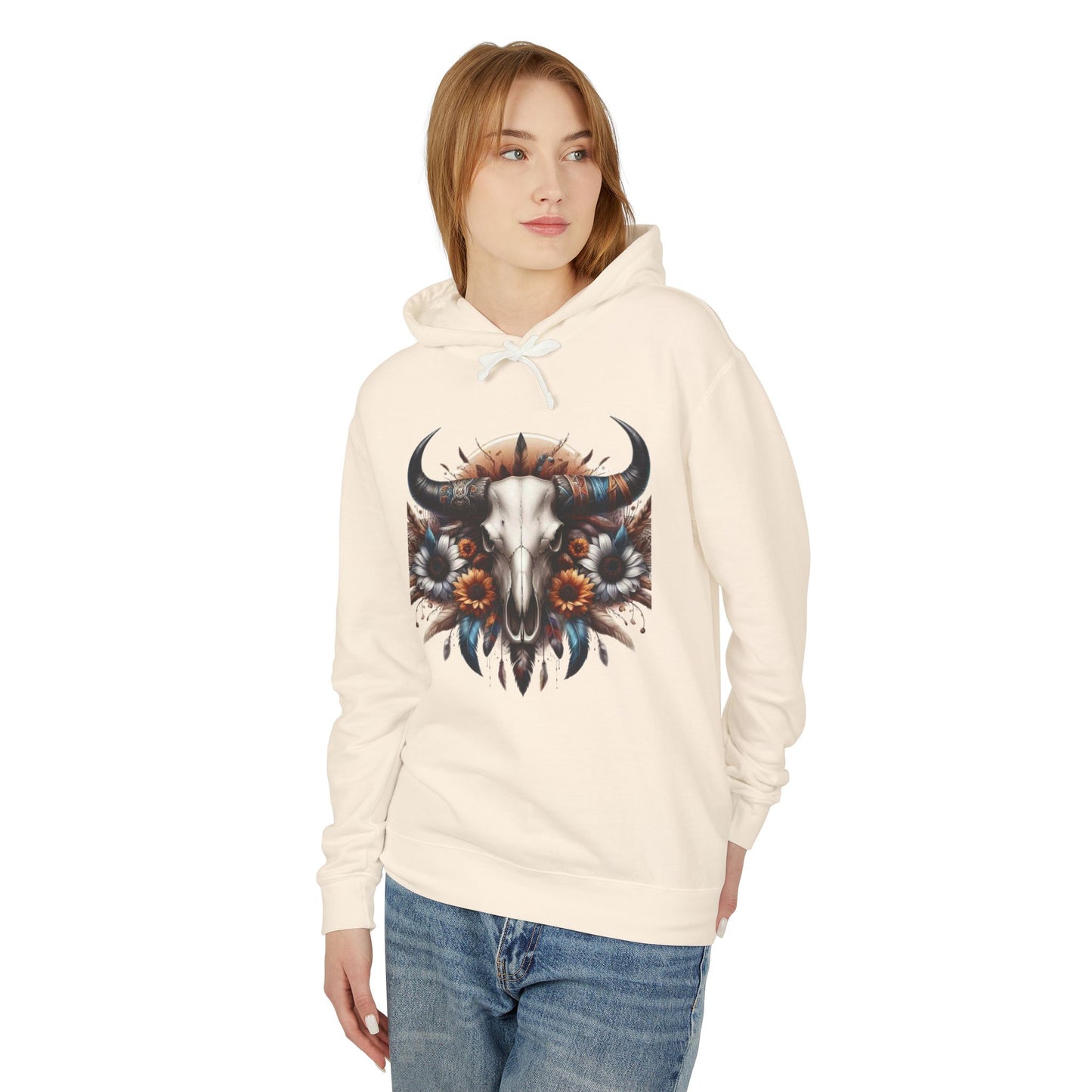 Unisex Lightweight Hooded Sweatshirt bull skull