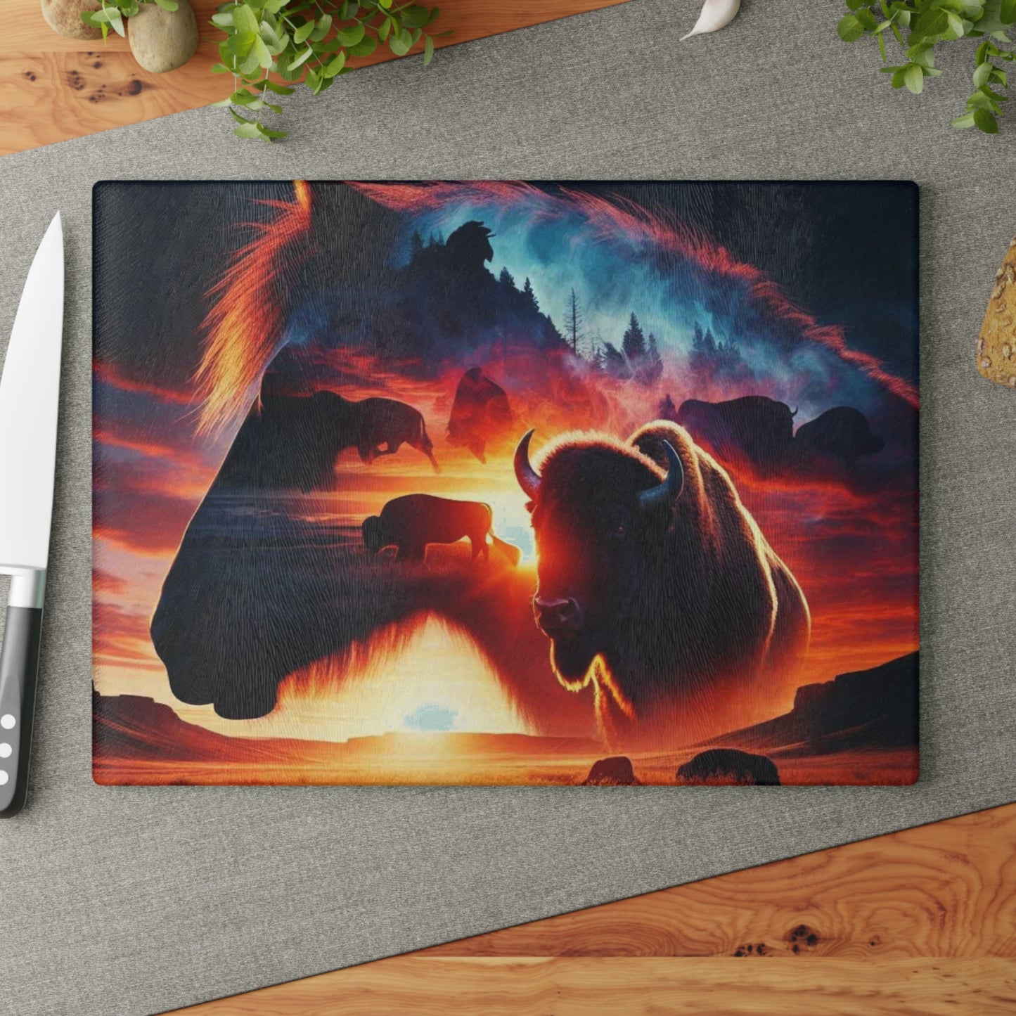 Glass Cutting Board - Horse and Bison