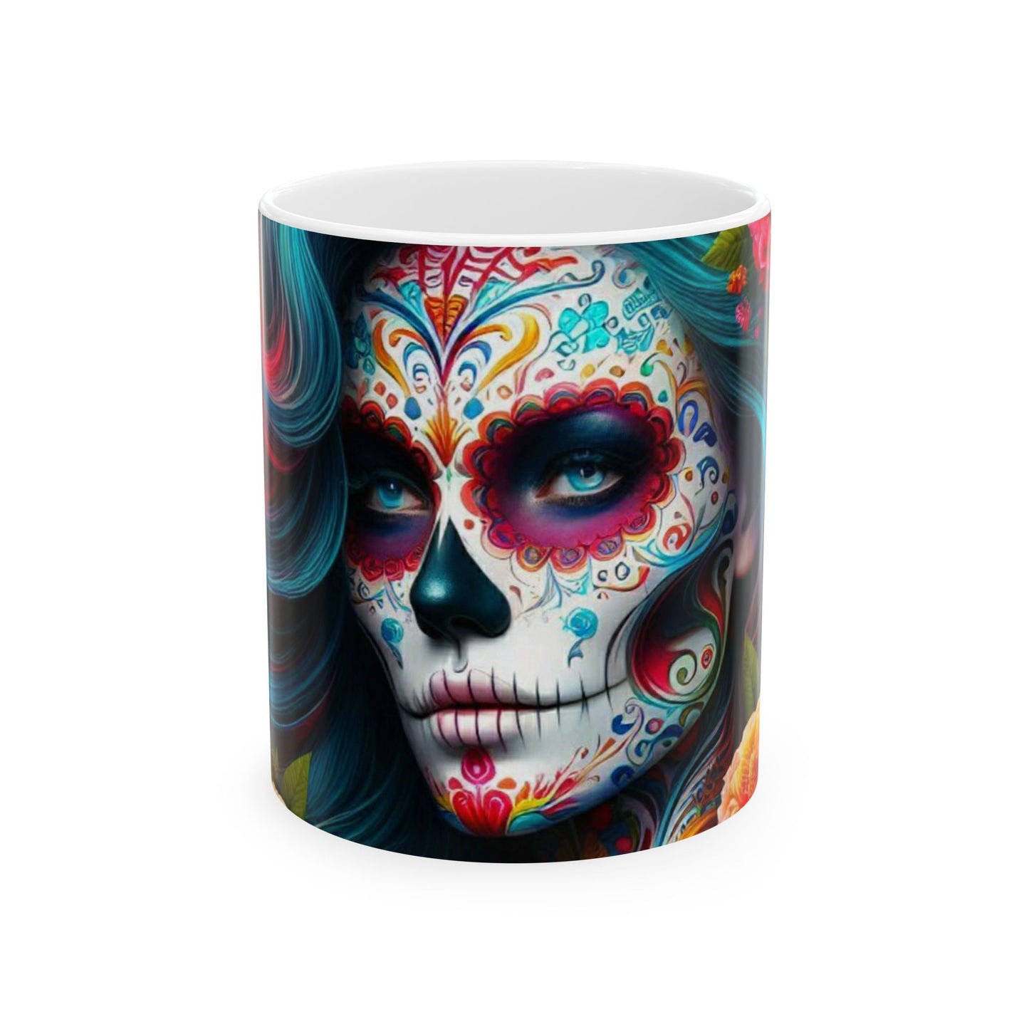 Mug - Teal Sugar Skull Lady Ceramic Mug (11oz, 15oz)