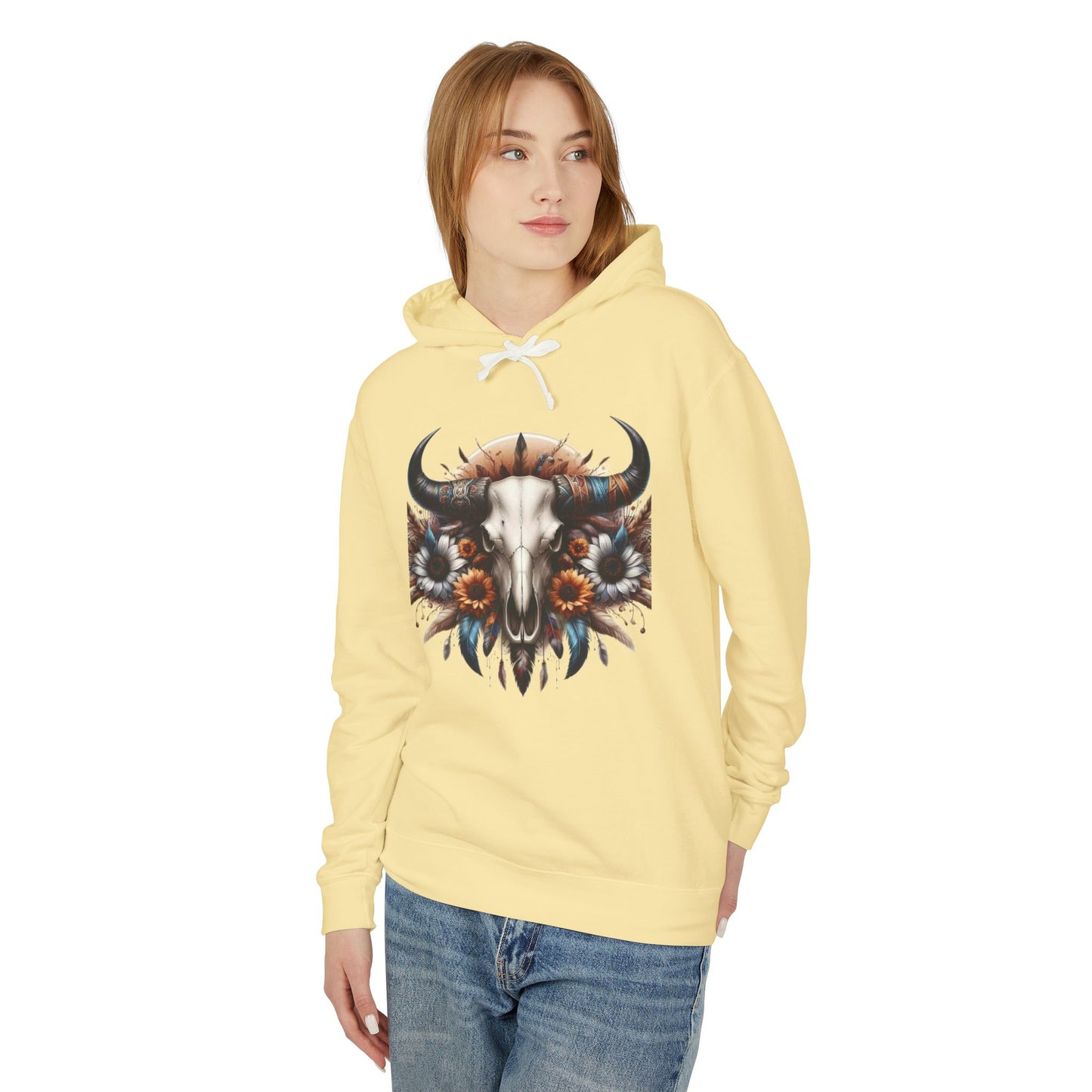 Unisex Lightweight Hooded Sweatshirt bull skull