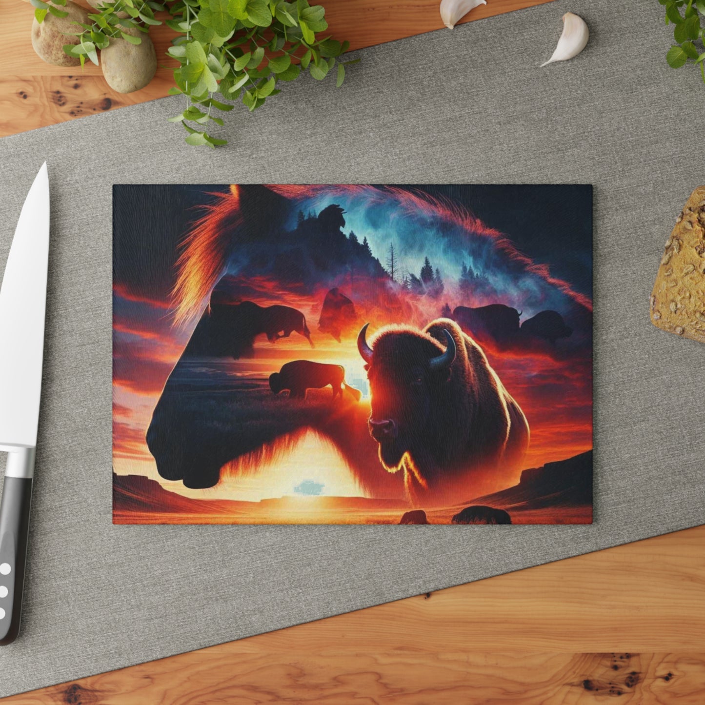 Glass Cutting Board - Horse and Bison