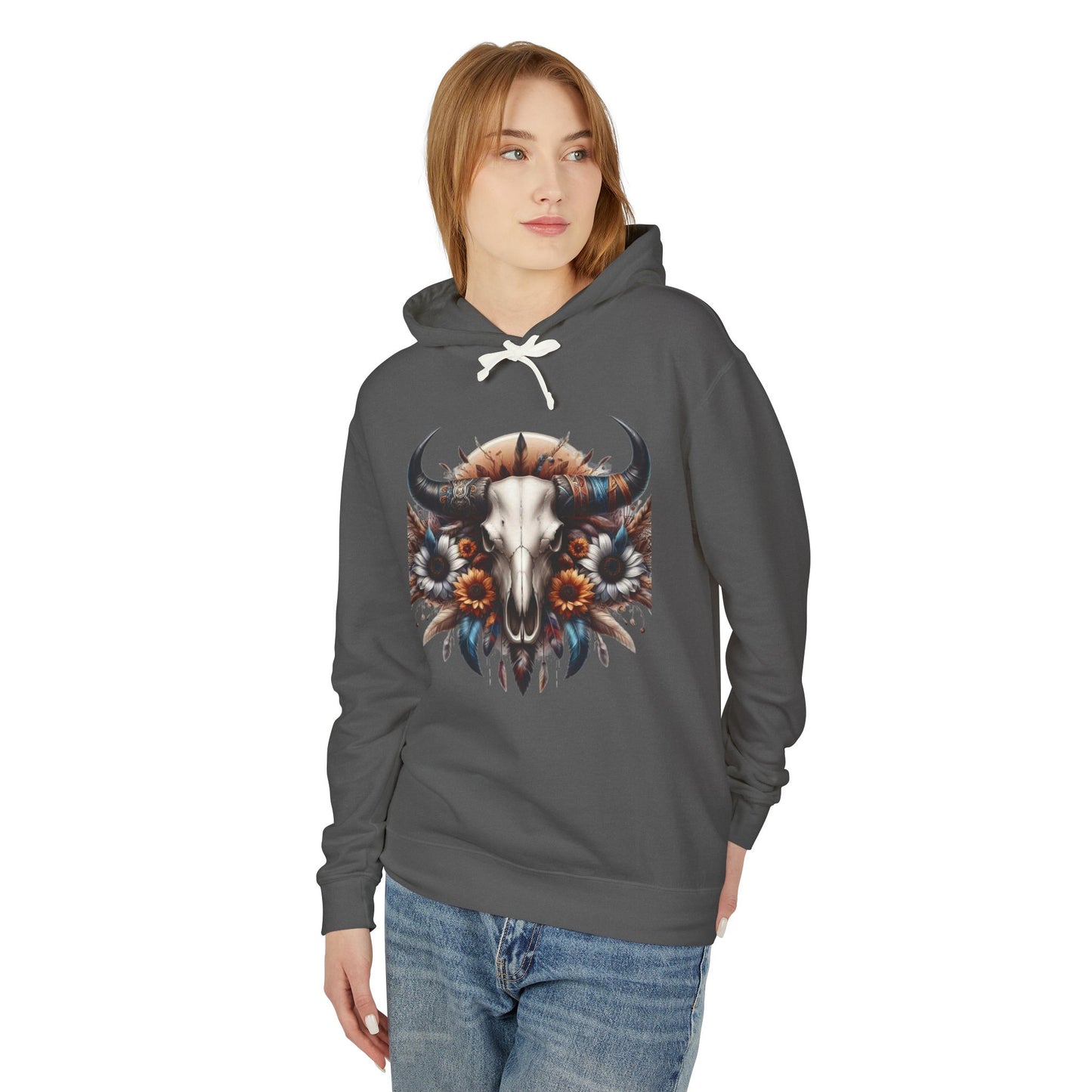 Unisex Lightweight Hooded Sweatshirt bull skull