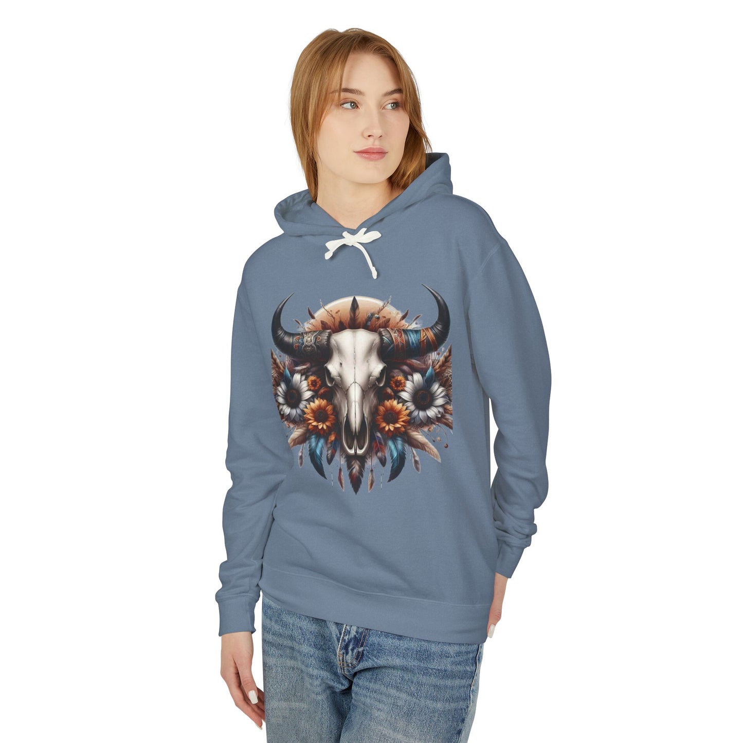 Unisex Lightweight Hooded Sweatshirt bull skull