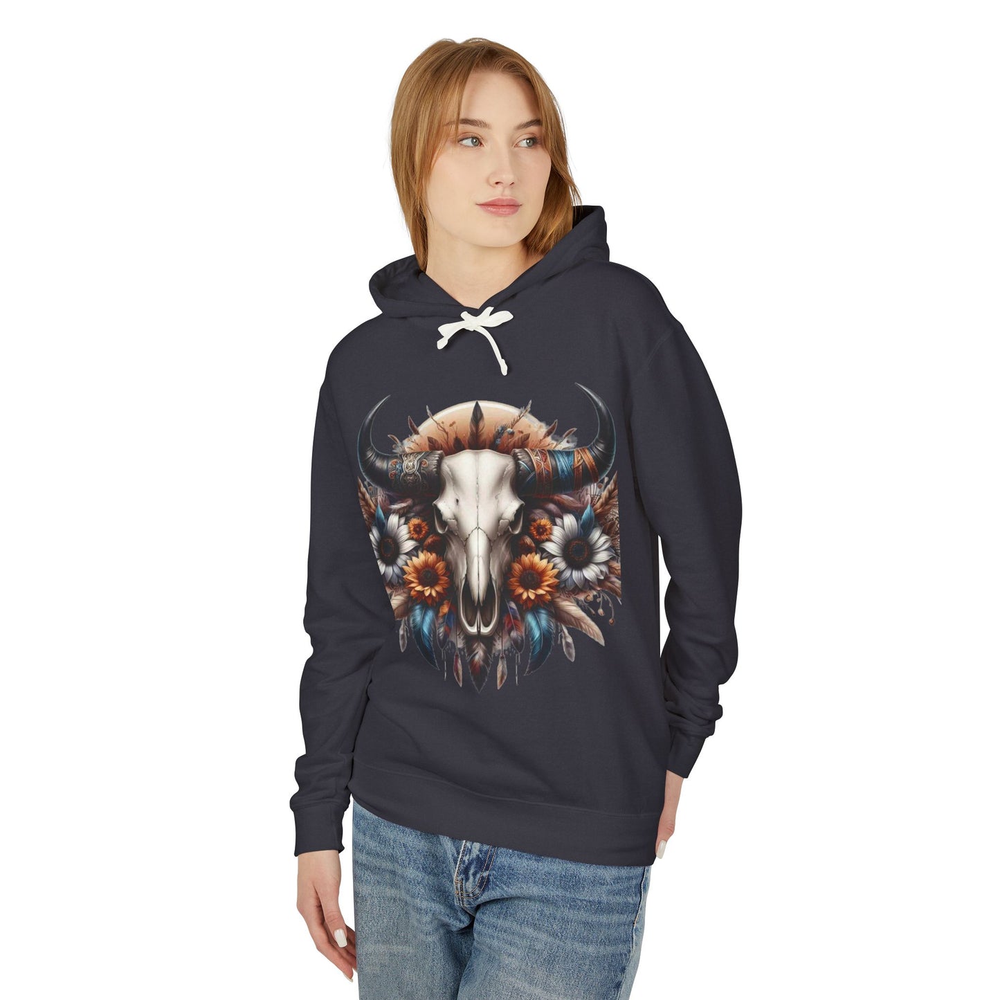Unisex Lightweight Hooded Sweatshirt bull skull