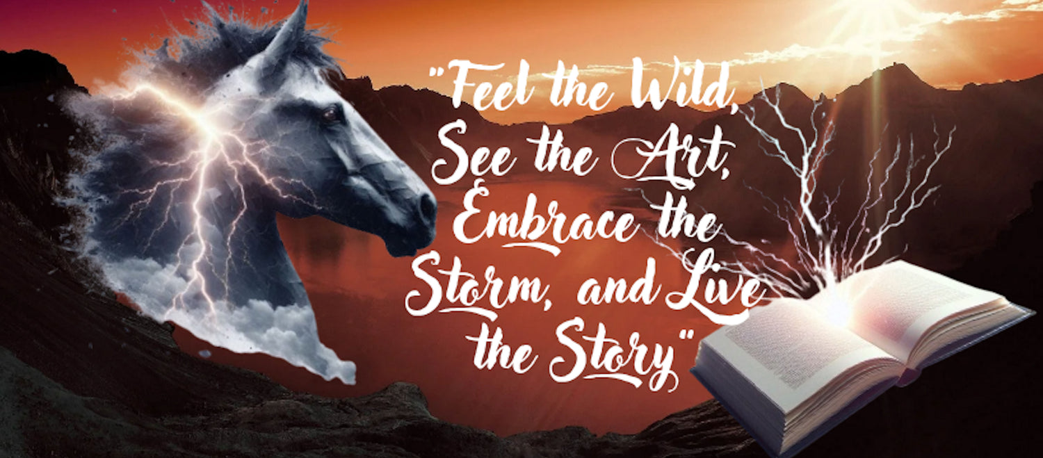 Banner that says "Feel the Wild, See the Art, Embrace the Storm, and Live the Story." with a book on the right with lightening coming out of the book and on the left a horse head with lightening running down the neck and a mountain scene at sunset as the background.
