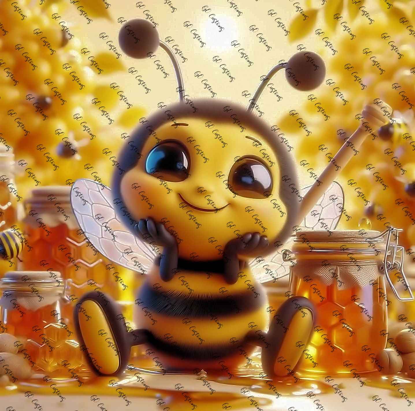 cute bubblebee sitting with hands on cheeks with a few pots of honey beside the bee.
